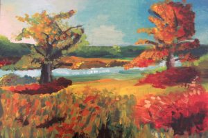 Oil impressionistic painting of two trees next to a riverbed.