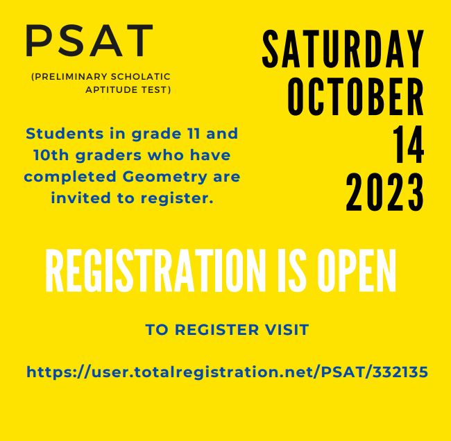 PSAT Registration flier for 2023-24 school year
