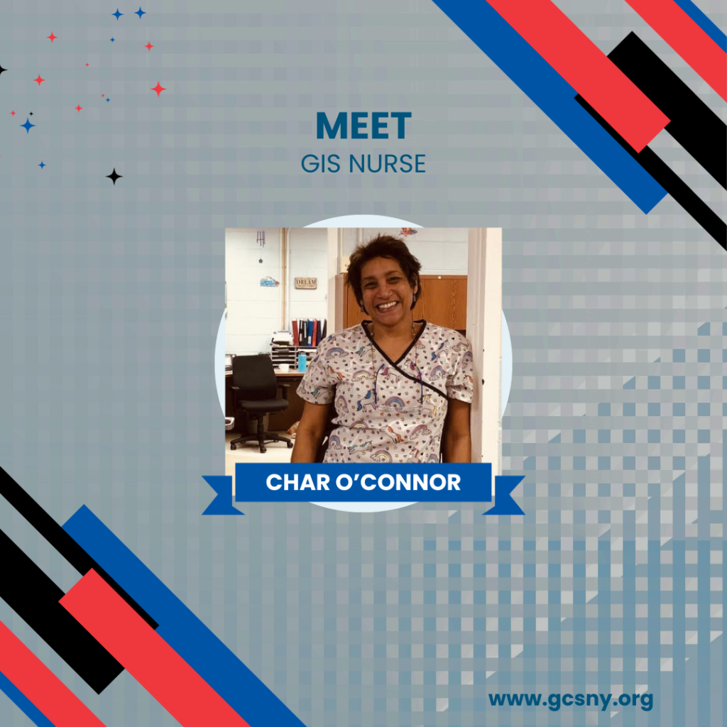 Graphic of a woman in scrubs smiling that says "Meet GIS Nurse Char O'Connor."