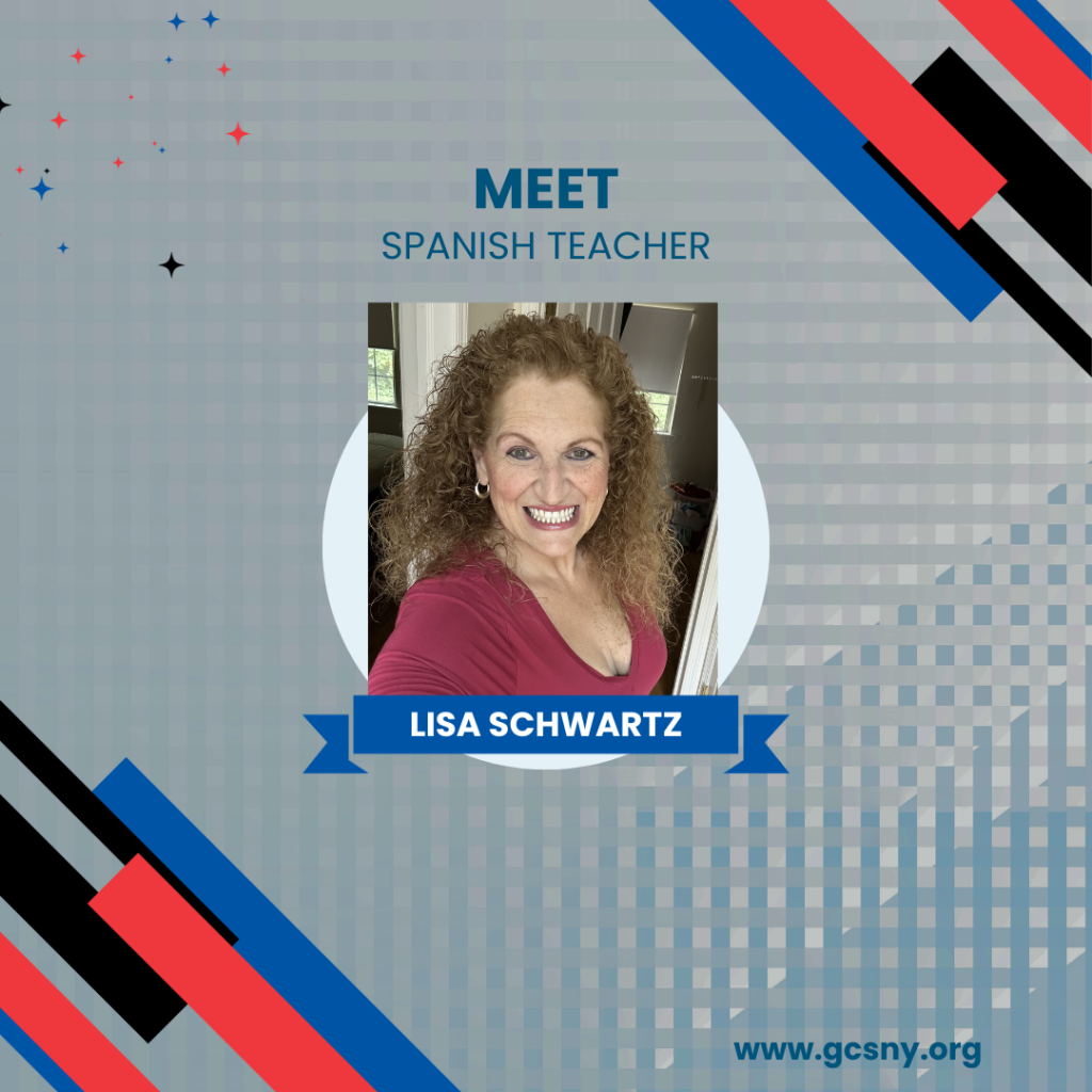 Graphic with a photo of a woman smiling and the text "Meet Spanish Teacher Lisa Schwartz."