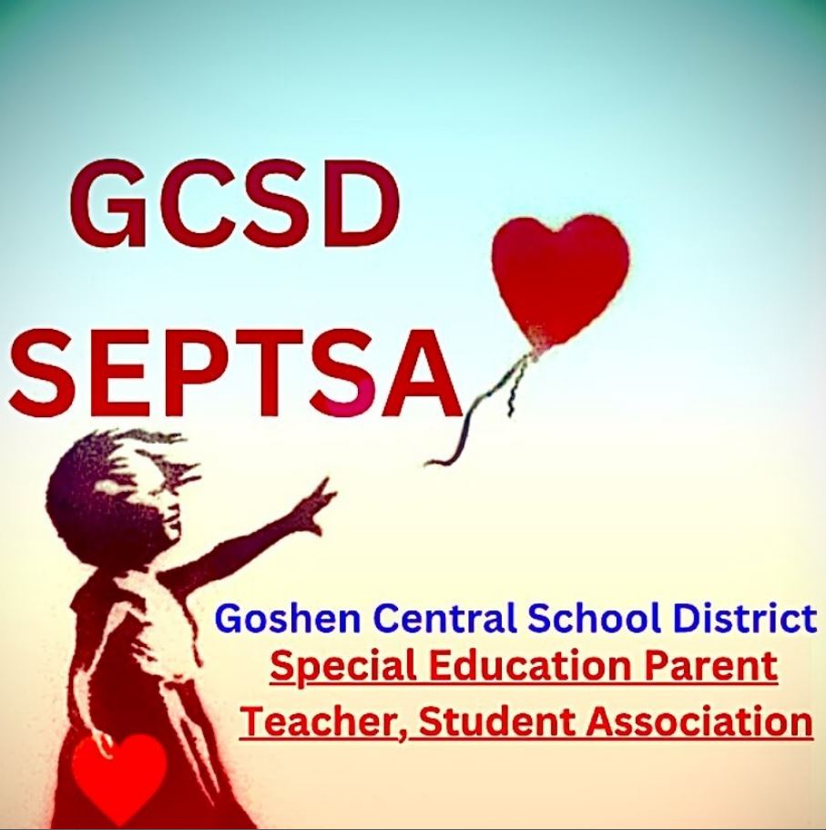 Image of a child with a red heart in their hand reaching out to a balloon in the shape of a heart that reads "GCSD SEPTSA Goshen Central School District Special Education Parent Teacher Student Association).