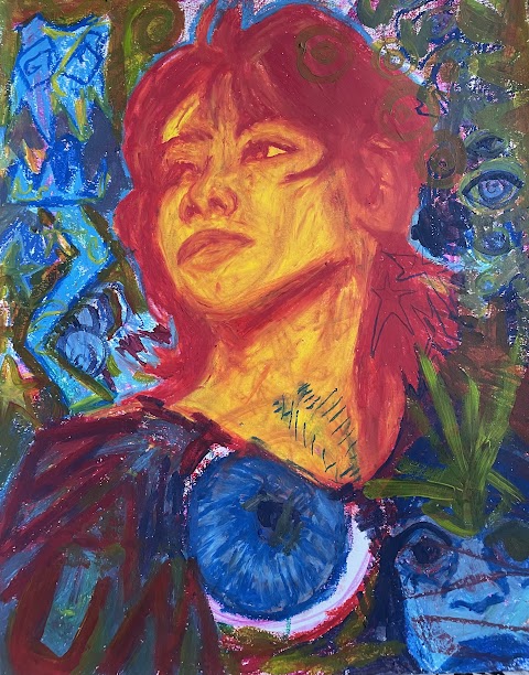 A painting of a person with a yellow face and red hair in stark contrast with the blue, brown and green abstract background. 