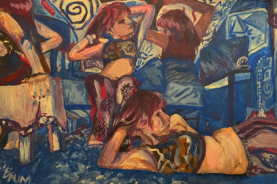Painting with red, blue and brown tones of girls lounging in a room.