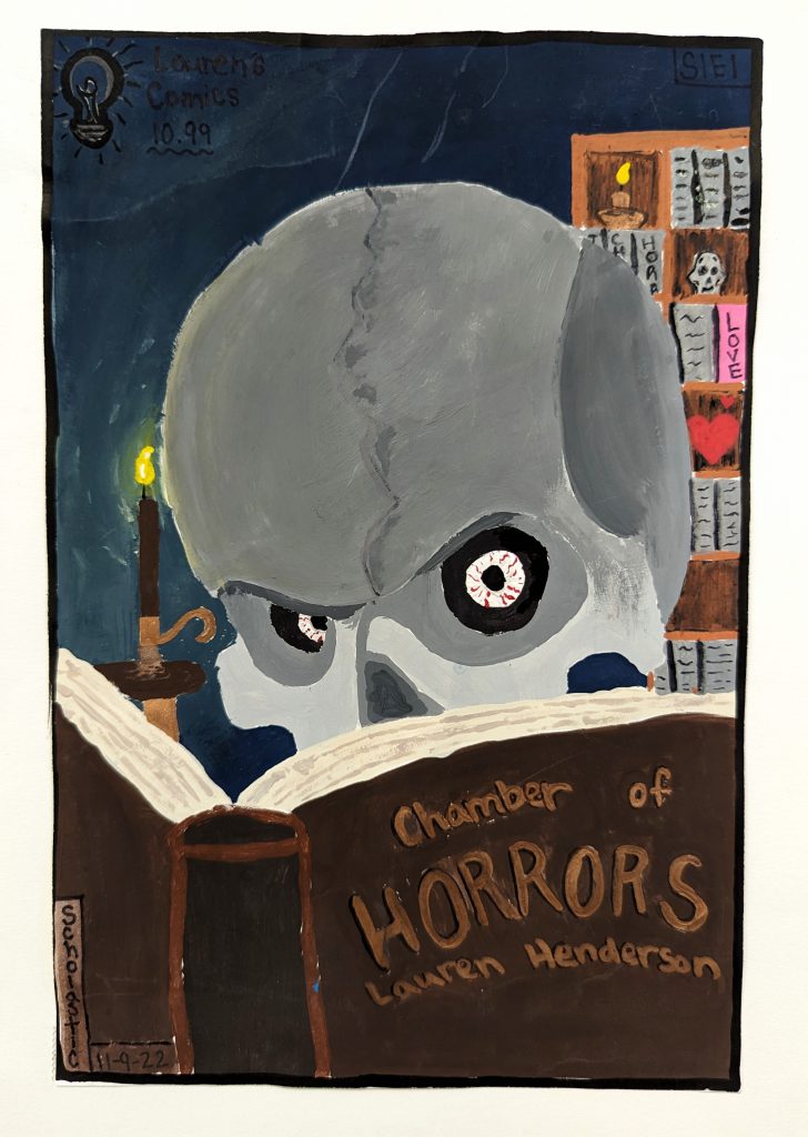 A painting of a skull with bloodshot eyes reading a book called "Chamber of Horrors" by Lauren Henderson, with an antique candle holder and book shelf in the background. 