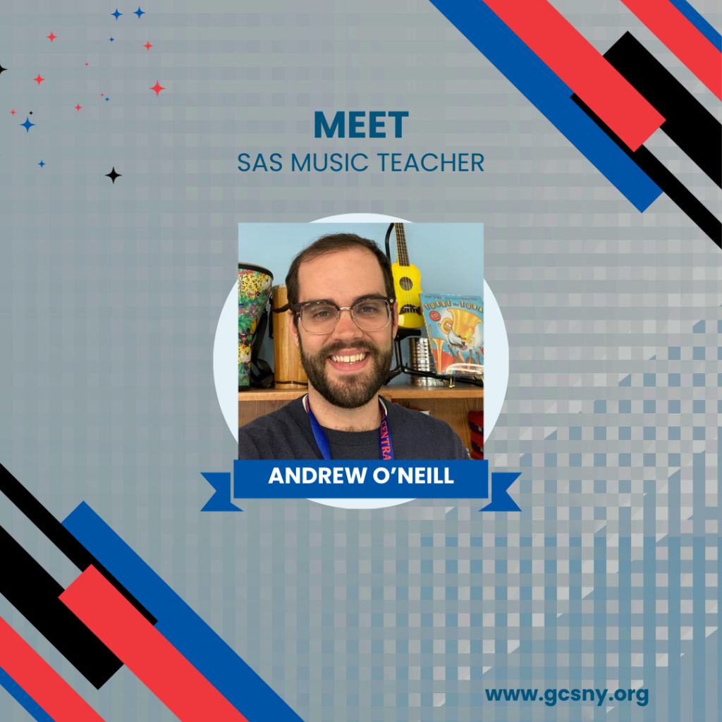 A graphic with a photo of a man in glasses and the text, "Meet SAS Music Teacher Andrew O'Neill."