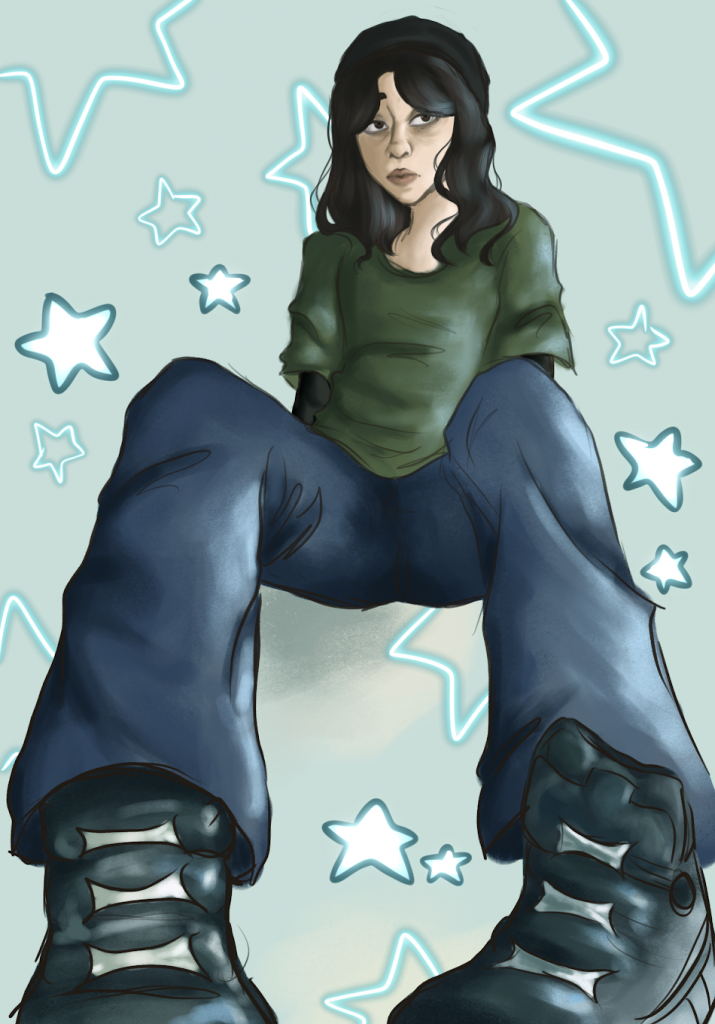 Digital image of a girl with blue pants, a green shirt, and sneakers with neon stars in the background.