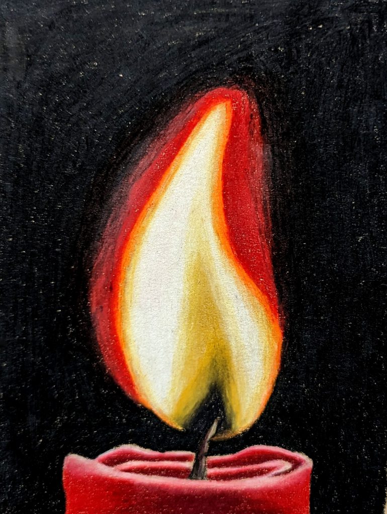 A painting of a red candle with a red, orange and yellow flame flickering against a black background.