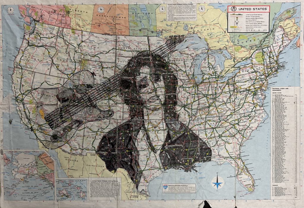Image of a person and a guitar drawn on top of a U.S. map.