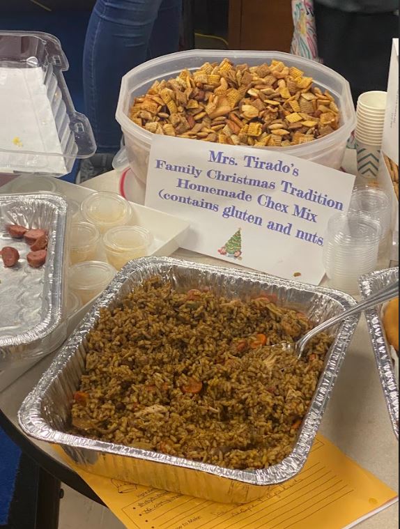 A photo of Mrs. Tirado's family Christmas tradition homemade Chex mix, seasoned rice, and sliced hot dogs in separate containers on a table.
