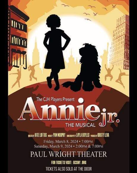 A graphic with a girl and a dog surrounded by dancing silhouettes in a city. The text reads "The CJH Players Present Annie Jr. The Musical."