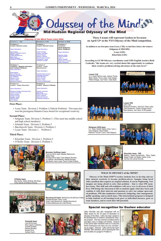A graphic depicting a full-page spread from the Goshen Indy newspaper with lists of students on each Odyssey of the Mind team for the March 2, 2024 competition, as well as photos of students and coaches.