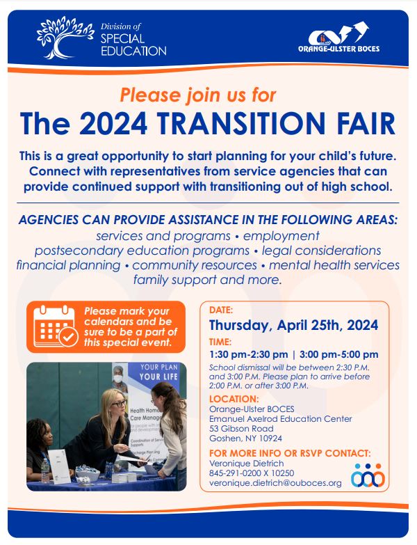 A graphic image with text inviting students to join the Orange-Ulster BOCES Division of Special Education 2024 Transition Fair.