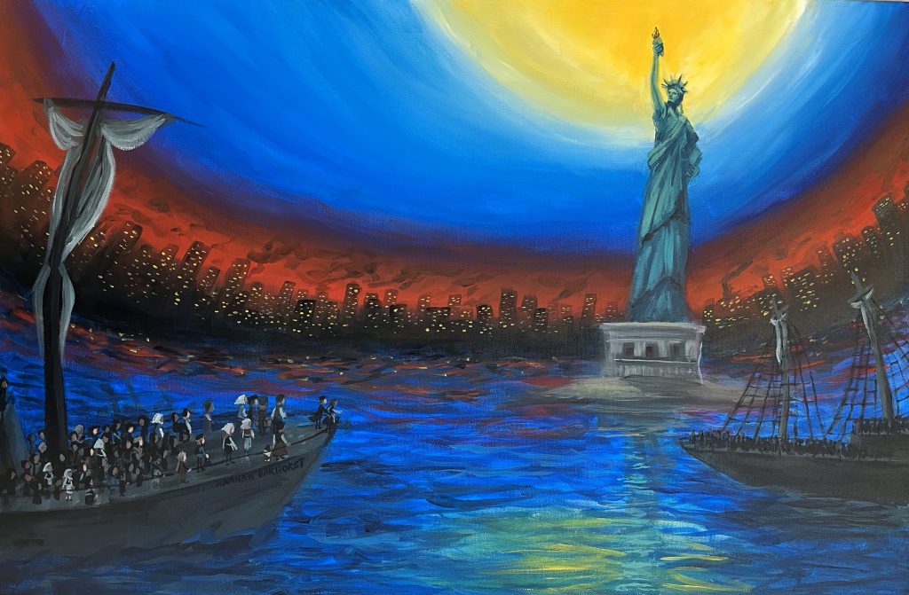 A boat of people is approaching the Statue of Liberty in the water. The city around the statue is dark and ominous and the sky is red. The sky is blue and the sun is bright above the Statue of Liberty. There is another boat to the right with more people on it.