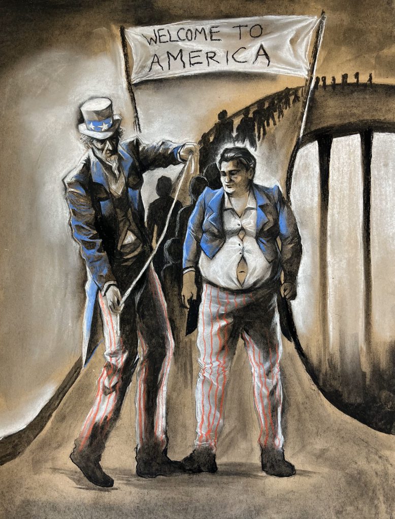 A line of people are waiting to walk up to Uncle Sam who is under a sign that says Welcome to America. Uncle Sam is holding measuring tape and is preparing to measure a person dressed exactly like Uncle Sam but their clothes are too small.