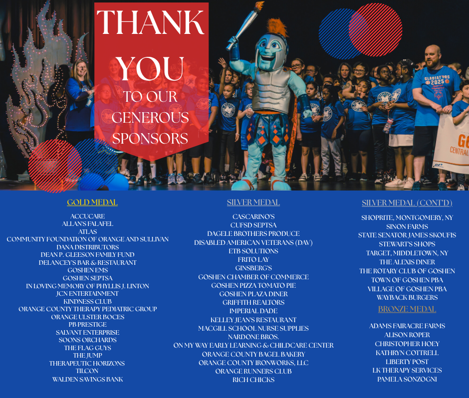 A graphic with a photo from the event on the top and a banner that reads "Thank you to our generous sponsors" and all of the gold, silver and bronze sponsors that contributed to the 2025 Special Olympics are listed out below.