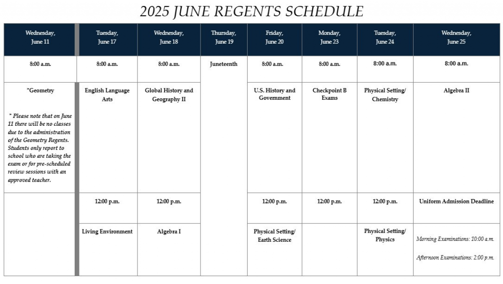 The 2025 June Regents Schedule in a calendar format.