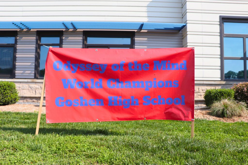 A sign in the front of Goshen High School reads Odyssey of the Mind World Champions Goshen High School.