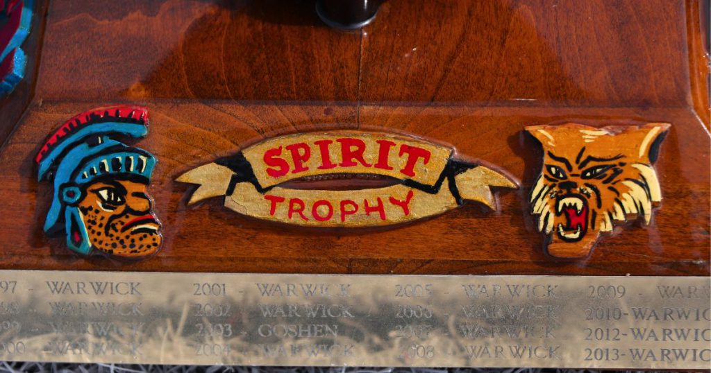 The Goshen and Warwick logos are next to the words Spirit Trophy on the actual trophy. 