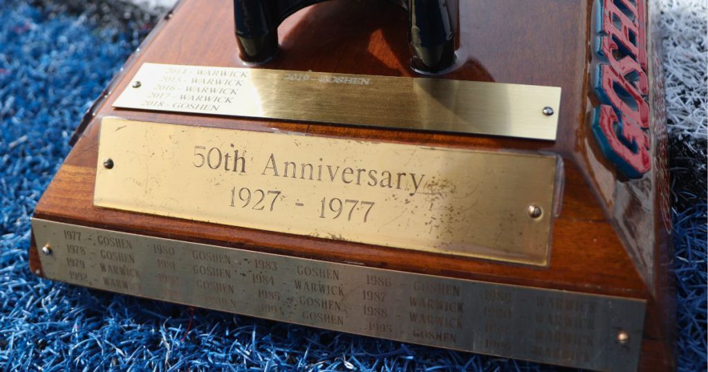 The back of the trophy has years with each school's name next to who won the trophy that year. There is a large "50th anniversary" sign on the back of the trophy as well. 