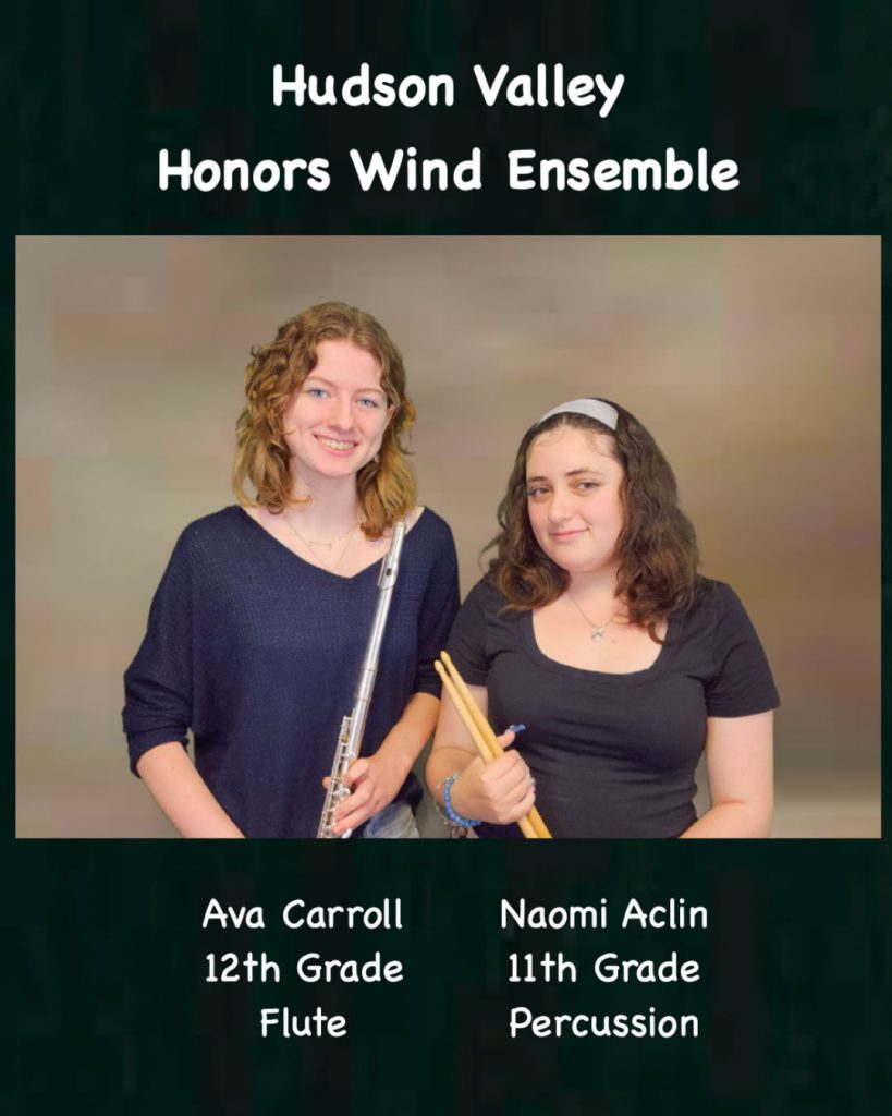 Two students smile and hold their instruments. Ava Carroll, 12th grade, is on the left and is smiling and holding a flute. On the right, Naomi Aclin is in 11th grade and is holding drum sticks.