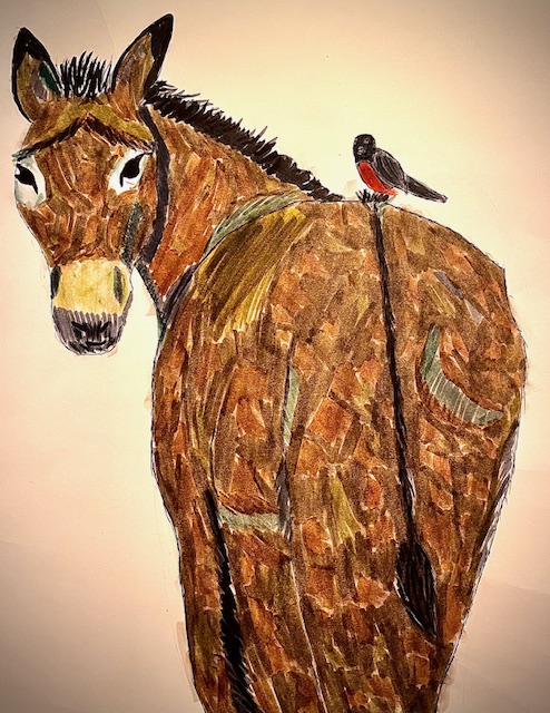 drawing of a horse looking at a bird sitting near its tail