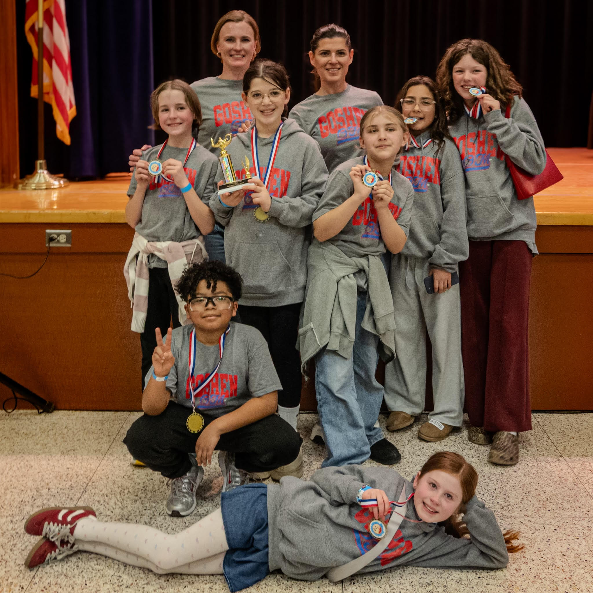 Team Boroden and Hoffman P5D1: Mariska Boroden, Coach Meghan Boroden, Ivy Hoffman, Coach Corbett Hoffman, Maeby Kyles, Avery Lopez and Kiera Blessing Bottom: Kyle Barker and Meadow Meland.